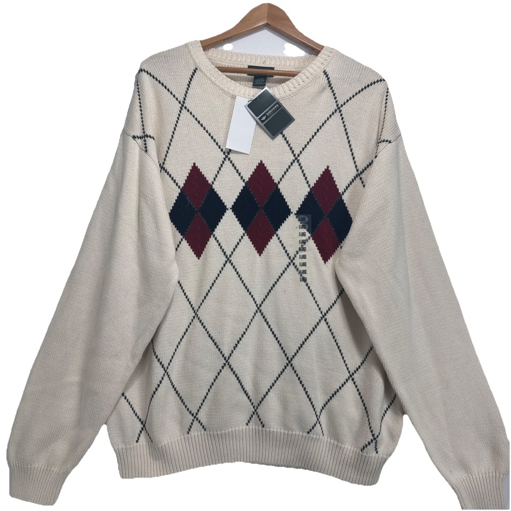Dockers Recode Argyle Crewneck Sweater Mens XL Cream Navy Burgundy Cotton Knit